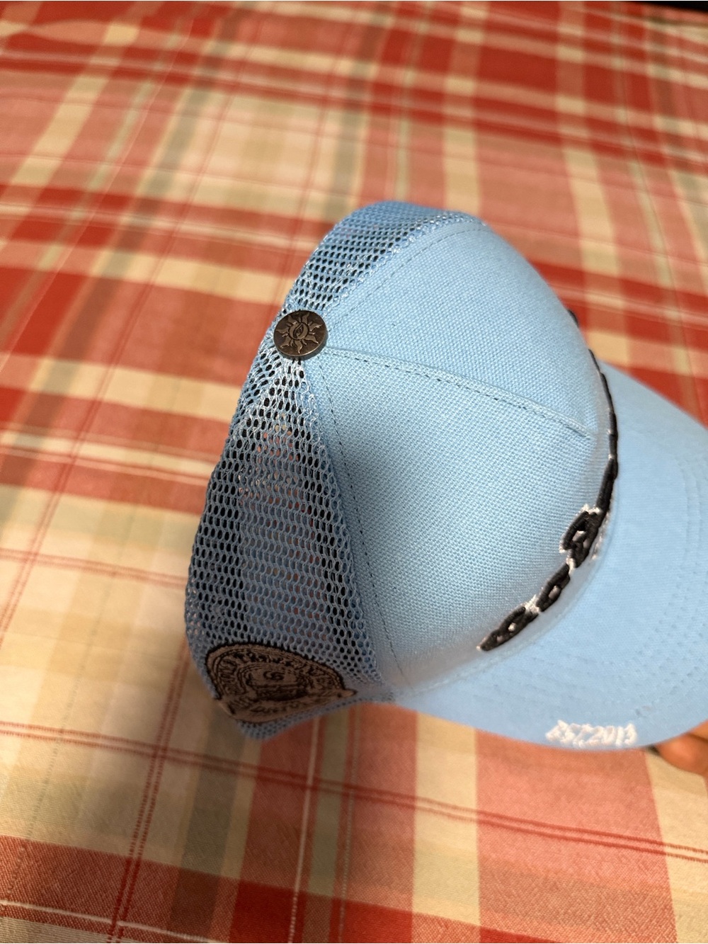 Light Blue Mesh Trucker Hat with Patch Detail